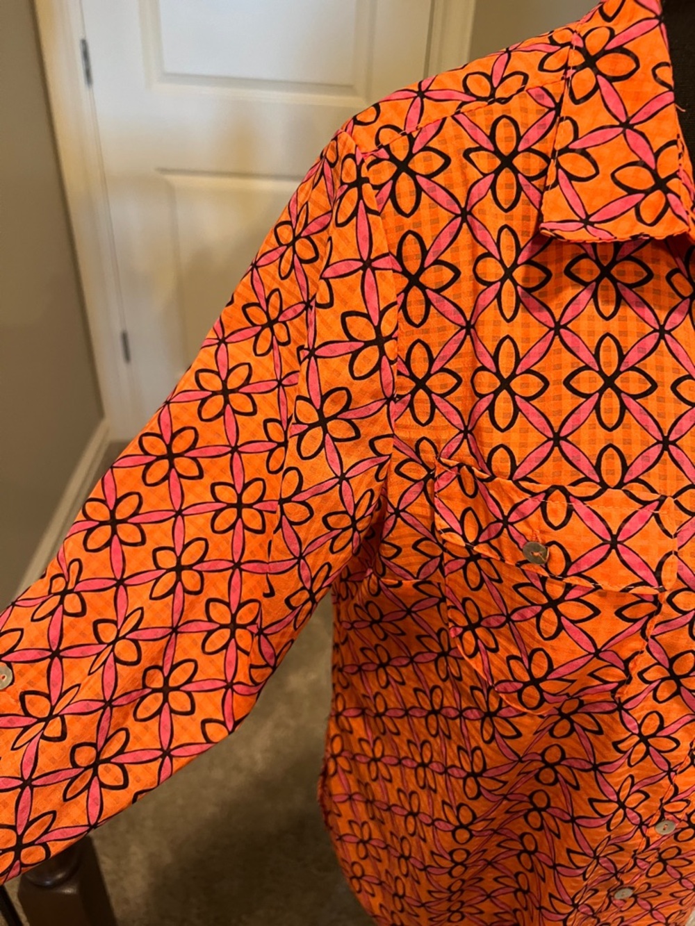 Kim Rogers Bright Orange Floral-Print Button Down Shirt with Pink Accents - Picture 6 of 11